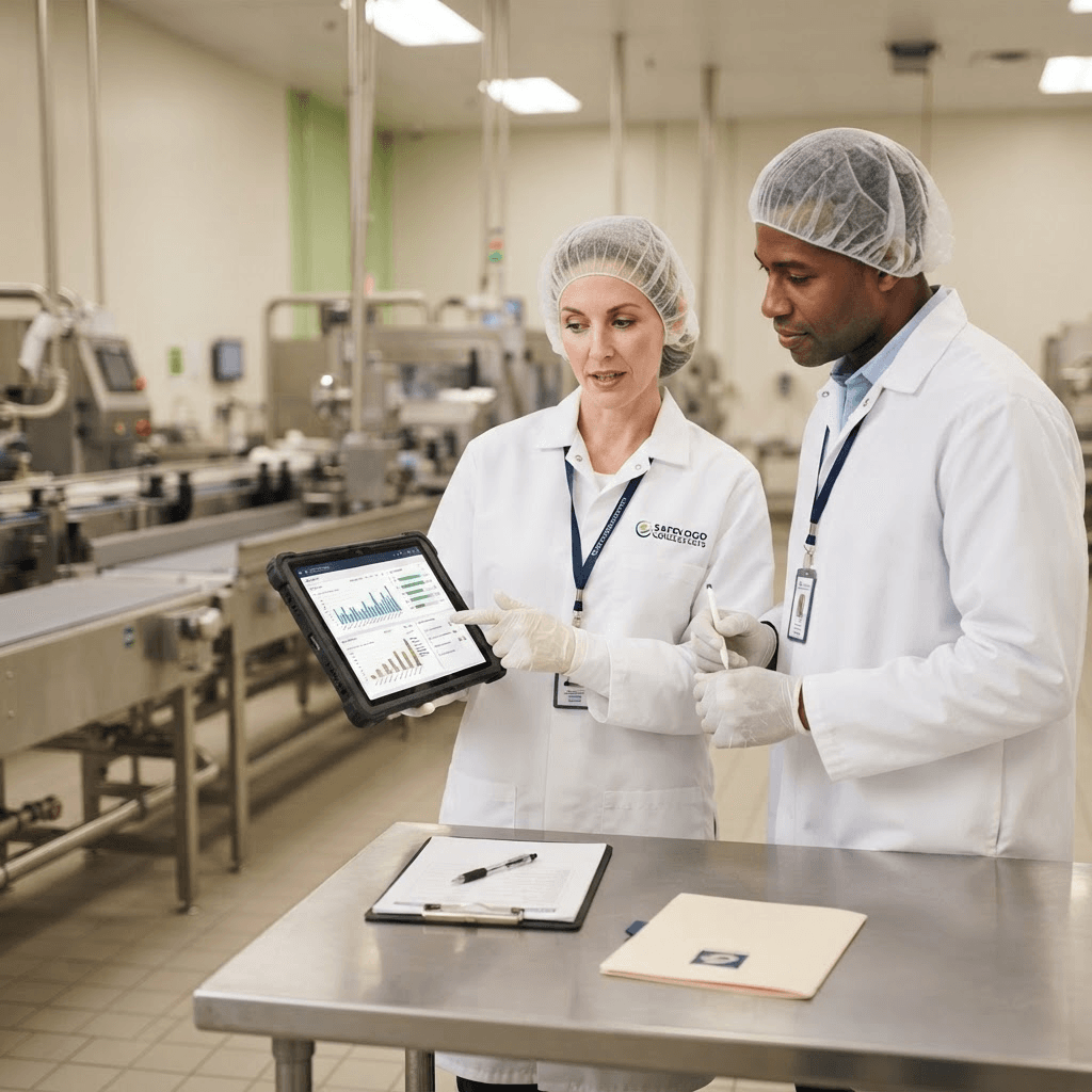 Two food safety consultants reviewing quality reports inside a food processing plant